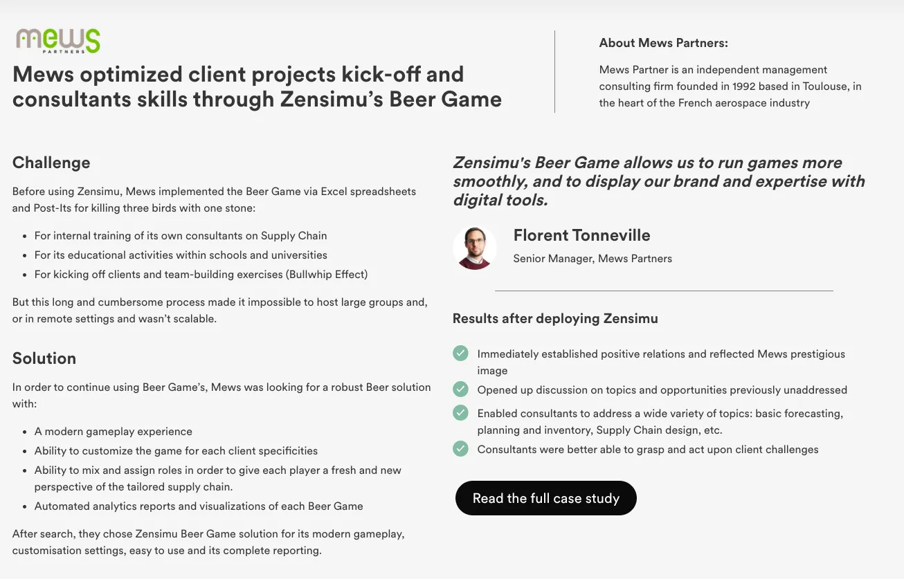 Mews Partners case study for the Beer Game